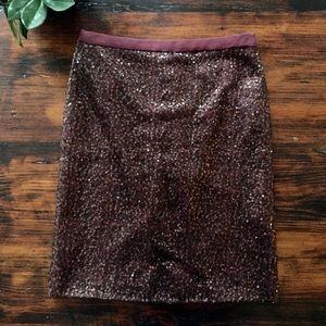 J Crew pencil skirt burgundy, sequins, lined silk